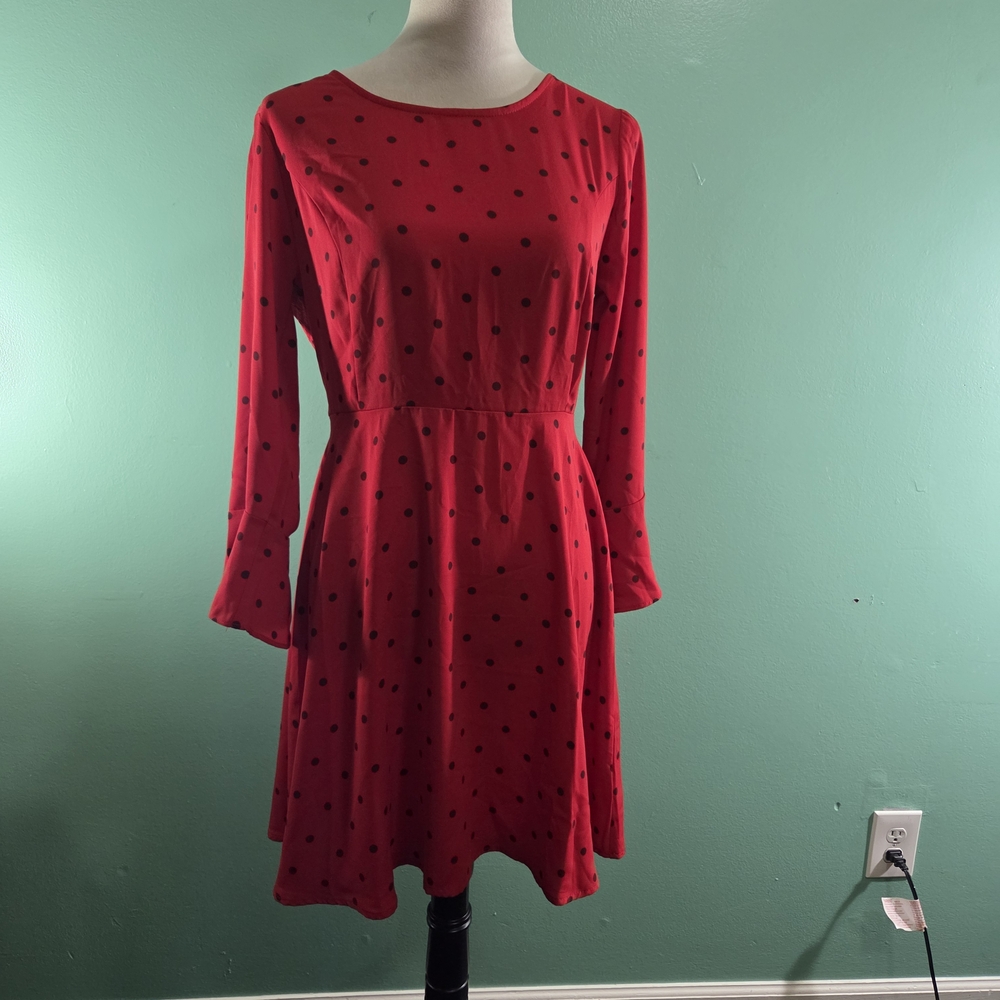 Old Navy Red Long Sleeve Dress with Black Dots